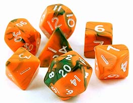 Spirit Games (Est. 1984) - Supplying role playing games (RPG), wargames rules, miniatures and scenery, new and traditional board and card games for the last 20 years sells Toxic Dice Set: Chemical Orange/Green with Silver